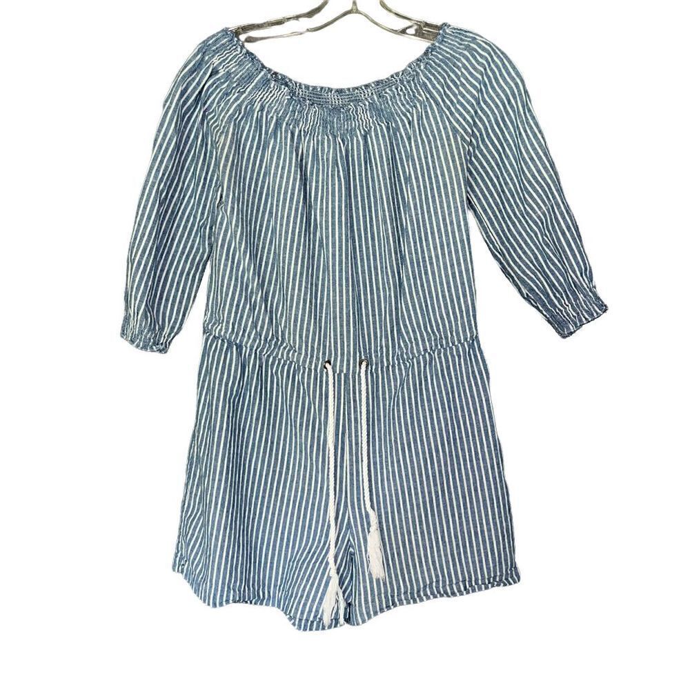 Mud Pie Blue White Striped Off Shoulder‎ Romper Tassel Drawstring Small